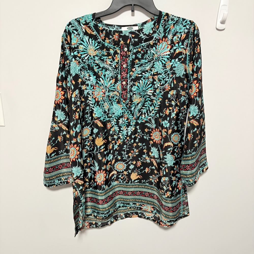 Dolma Floral Embroidered Silk Blend Tunic Blouse Womens Black Sz M Boho Top